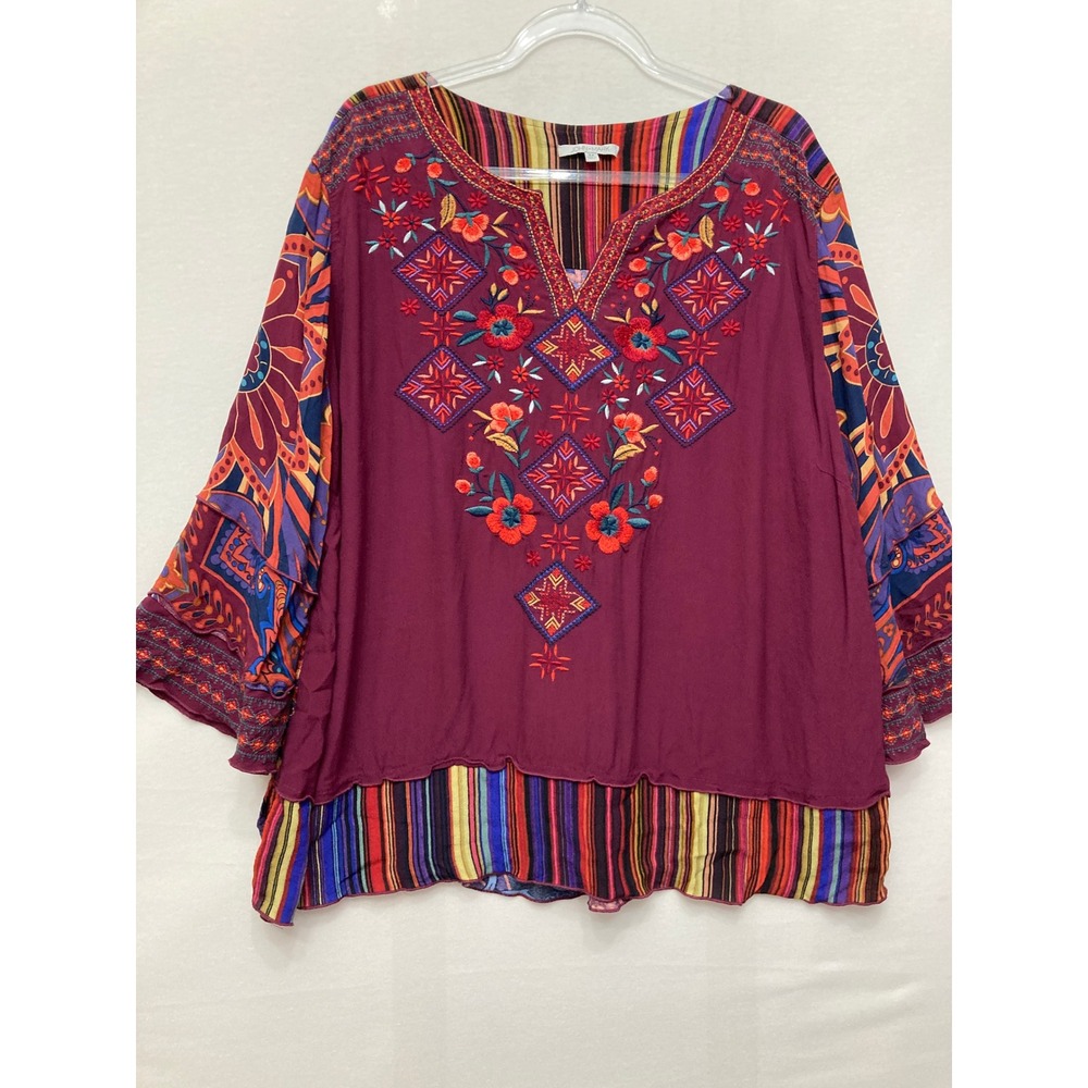 John Mark Top size 3X Burgundy Floral Artsy Embroidered Boho Soft Blouse